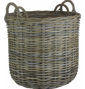 Tall Round Fireside Grey Rattan Log Basket Set of 2