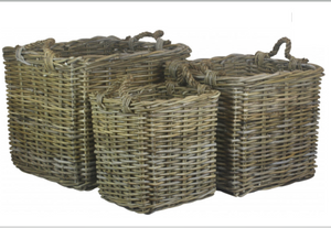 Square Grey Rattan Log Basket Set of 3